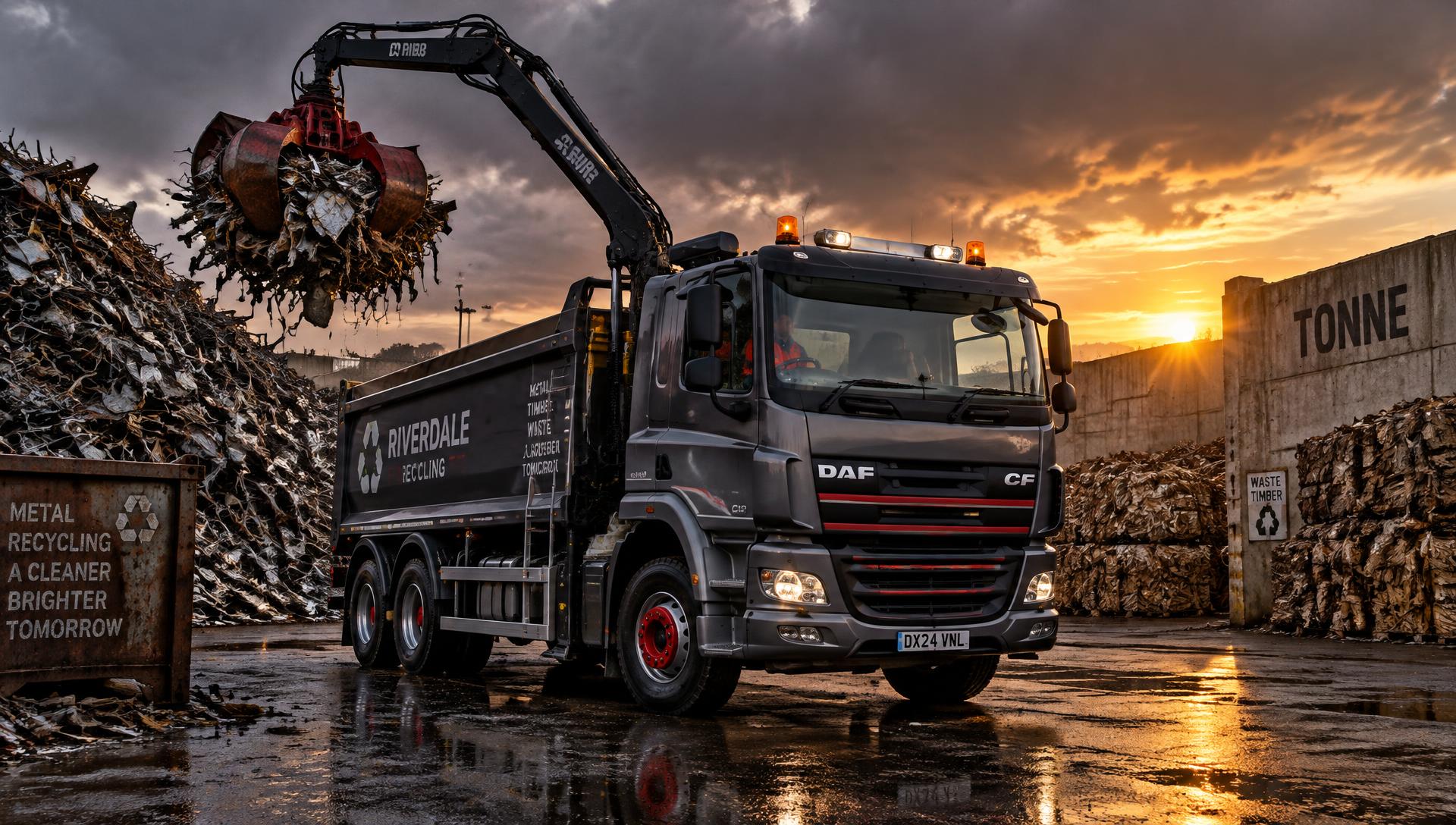 Grey hook-loader lorry in a UK recycling yard between a scrap metal pile and stacked timber at dusk